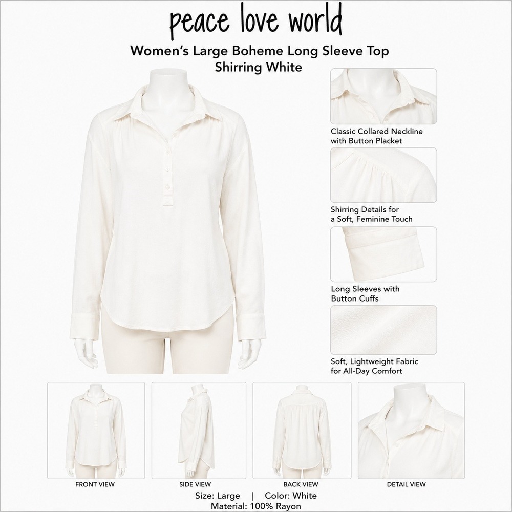 Peace Love World Womens Large Boheme Long Sleeve Top Shirring White New